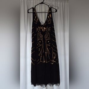 1920s Retro Flapper Dress - Black with Gold Accents - Size 2xl